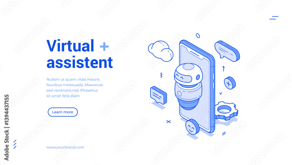 Poster virtual assistant ai robot smartphone application isometric monochrome web banner vector illustratio