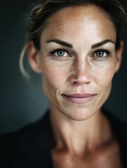 Obraz premium Close-up portrait of confident woman with natural skin and green eyes, hyper realistic facial detail and authentic expression in contemporary beauty style