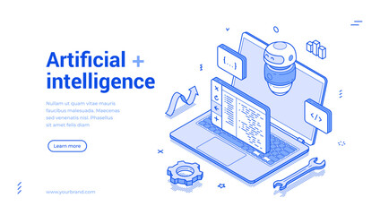 Artificial intelligence Chat GPT robotic technology isometric web banner monochrome vector illustration. Digital brain neural network bot mind AI service automation machine assistant landing page