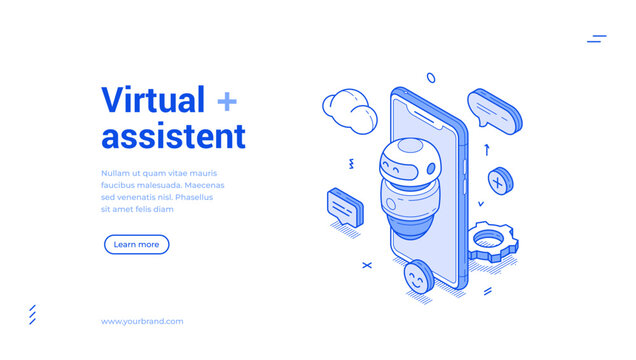 Virtual assistant AI robot smartphone application isometric monochrome web banner vector illustration. Artificial intelligence robotic control internet support technology landing page design template