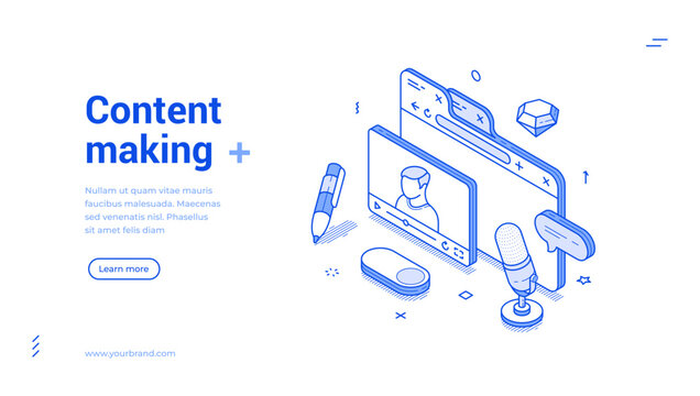 Content making social media network video blog vlog podcast isometric web banner monochrome vector illustration. Digital marketing multimedia project development landing page design template