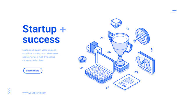 Startup success business productivity efficiency strategy isometric web banner monochrome vector illustration. Victory marketing strategy development corporate management innovation idea leadership