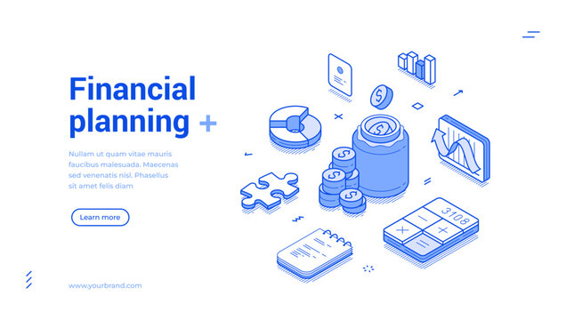 Financial planning accounting bookkeeping and investment isometric web banner monochrome vector illustration. Economy banking analyzing statistic money profit budget balance control landing page