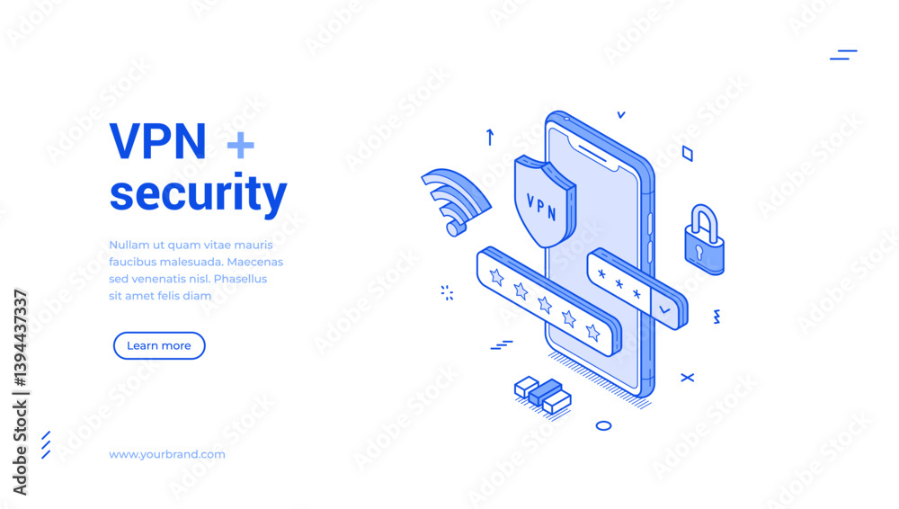 Poster vpn network technology smartphone application security isometric web banner vector illustration. app