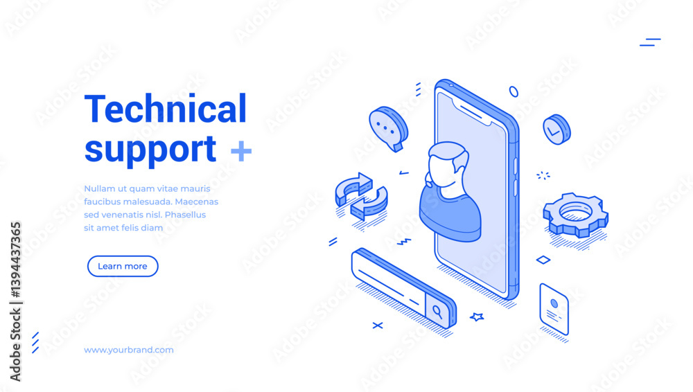 Poster technical support customer assistance smartphone application isometric web banner vector illustratio