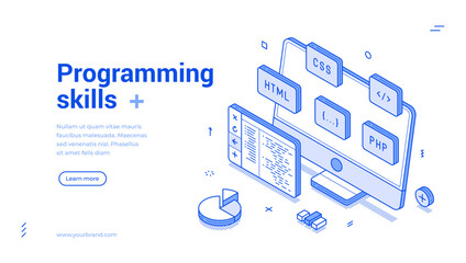 Programming skills computer software development isometric web banner monochrome vector illustration. Code program database desktop engineering website script system digital technology