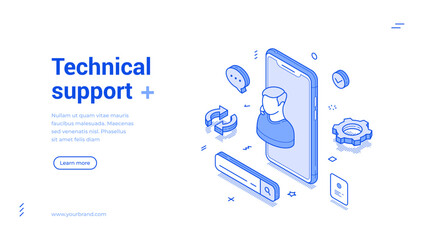 Technical support customer assistance smartphone application isometric web banner vector illustration. Cyberspace bot consulting technology client feedback digital chatting help desk helpline