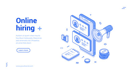 Online hiring job vacancy remotely interview applicant search isometric web banner vector illustration. Internet hire HR employment recruitment smartphone application human resources analyzing