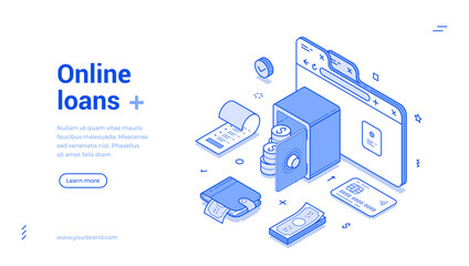 Online loan internet browsing banking financial service isometric web banner vector illustration. Finance bank commercial retail cash e money receive currency deposit investment digital technology