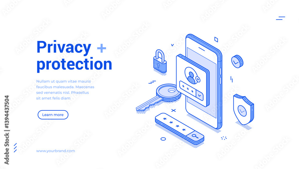 Poster privacy protection user personal account secure smartphone application isometric web banner vector i