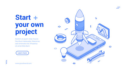 Start your project startup innovation business idea smartphone application isometric web banner vector illustration. Success marketing management strategy development mobile phone software technology