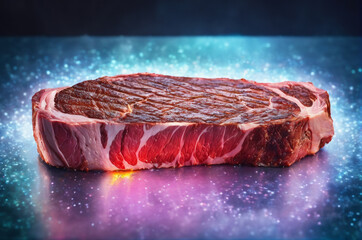 Juicy Raw Ribeye Steak on a Mystical Surface. Generative AI.