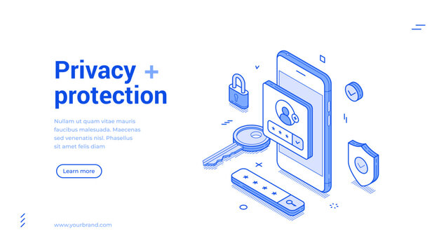 Privacy protection user personal account secure smartphone application isometric web banner vector illustration. Mobile phone app authentication identification safety information data security control