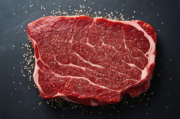 Fresh Raw Beef Steak with Seasoning on Black Surface. Generative AI.