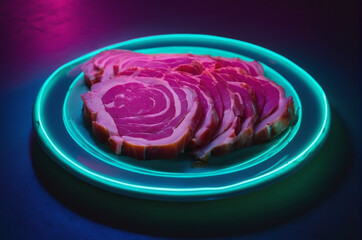 Neon Lit Plate of Sliced Raw Meat on Display. Generative AI.
