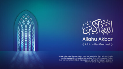 Allahu Akbar Calligraphy background glow islamic mosque door with arabic pattern illustration