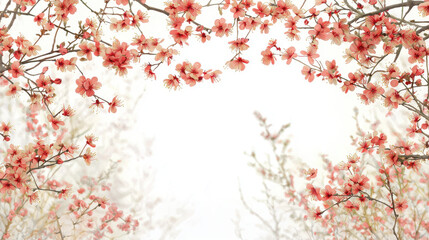 A delicate frame of soft pink cherry blossoms creates a serene and romantic sptime scene perfect for design projects needing a gentle and airy background.