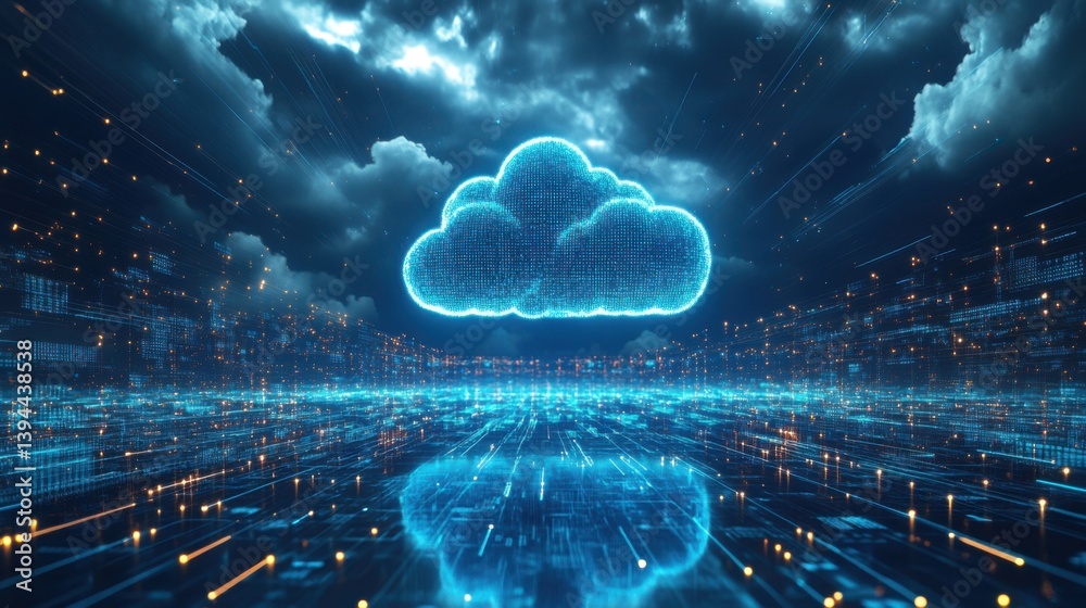 Poster a digital depiction of a glowing cloud surrounded by data streams, symbolizing cloud computing and t