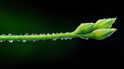   A close-up of a green plant with droplets of water on its leaves against a black background