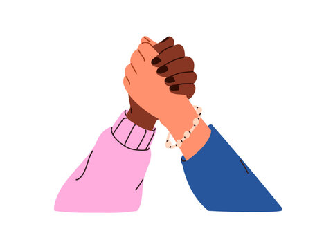 Two hands clasped in unity, support. Female arms together, holding bonding gesture. Friendship, connection, solidarity and sisterhood concept. Flat vector illustration isolated on white background