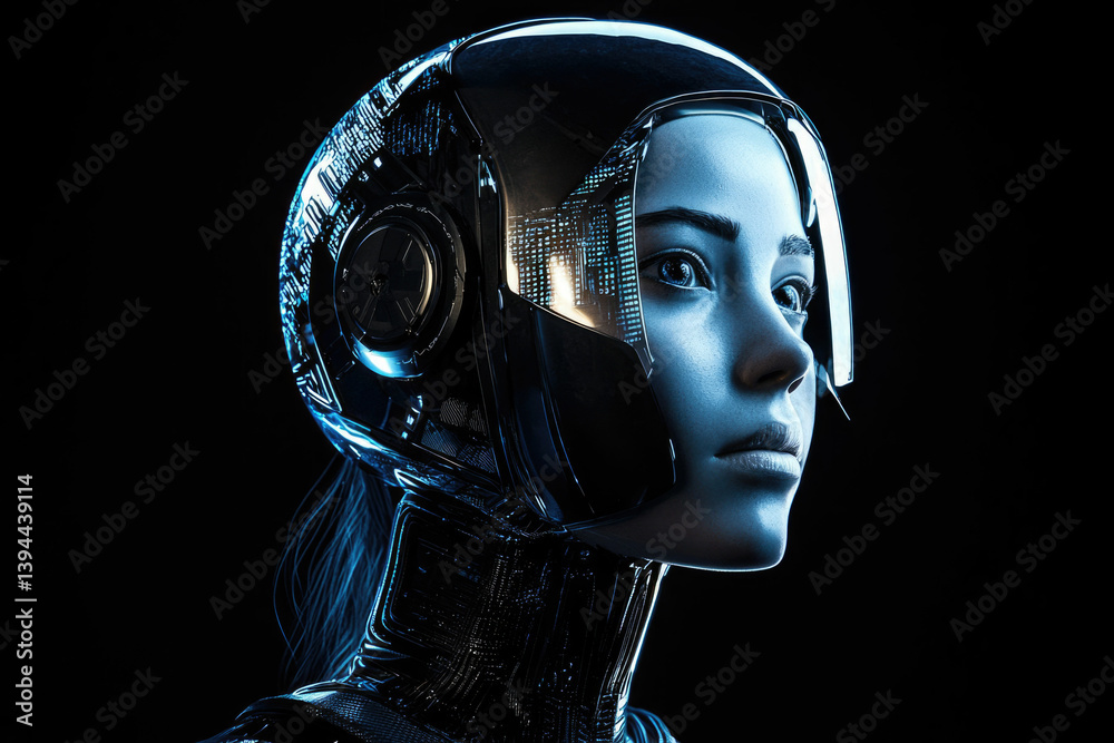 Aufkleber futuristic female cyborg with an advanced helmet and detailed mechanical features, set against a sta