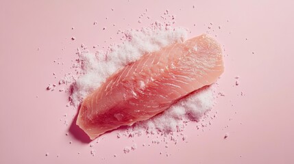 Fototapeta premium A fresh piece of fish lies on a bed of salt, set against a soft pink background, highlighting its texture and color for culinary appeal.