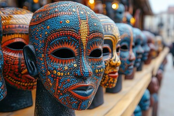 Fototapeta premium Colorful Handcrafted African Masks on Display in Outdoor Market