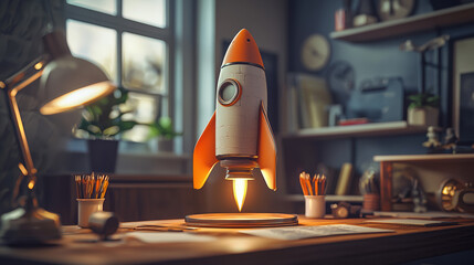 A retro-style rocket ship model levitates above a wooden desk in a cozy home office setting surrounded by artistic supplies and vintage decor.