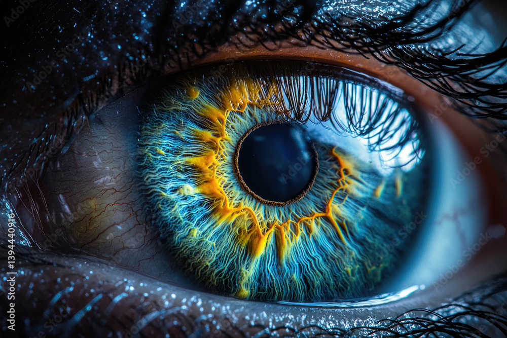 Aufkleber striking close-up of a human eye with intricate blue and gold patterns in the iris.