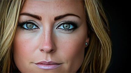 Fototapeta premium A close-up of a woman's face with long blonde hair and blue eyes accentuated by blue eyeshadow
