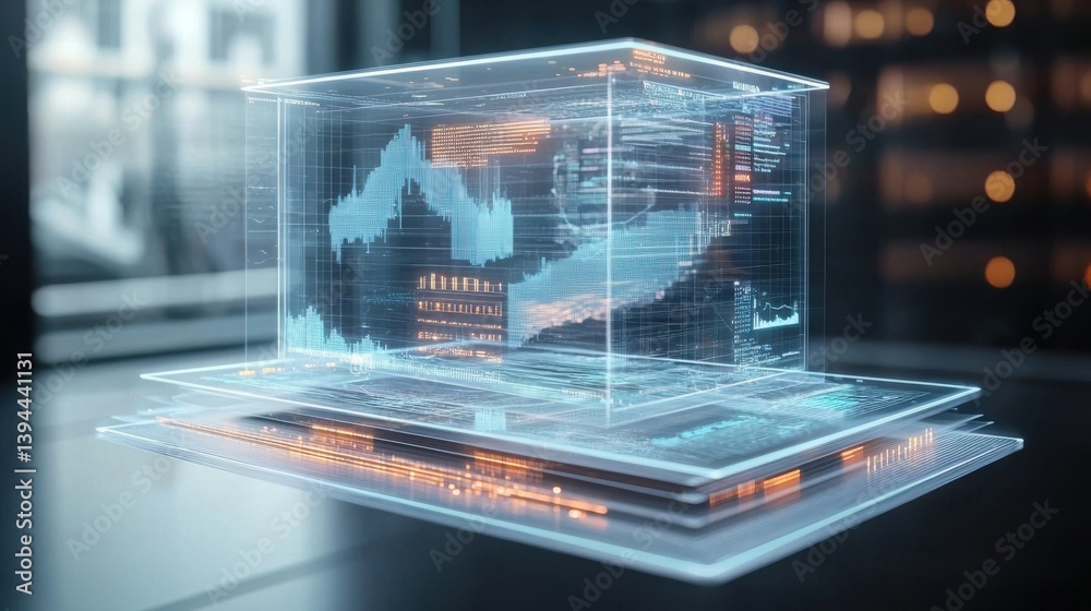 Poster a futuristic 3d holographic display of data visualizations, showcasing graphs and analytics in a sle