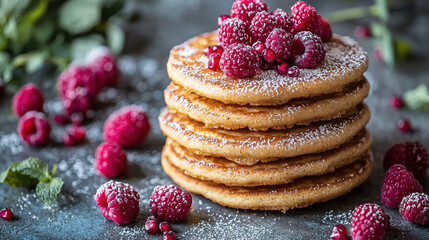 A delicious stack of golden pancakes topped with fresh raspberries and a dusting of powdered sugar sits on a dark rustic surface with scattered berries and mint.