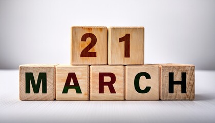 Minimalist photo of a wooden blocks with date 21 March. Day and month, calendar on white background