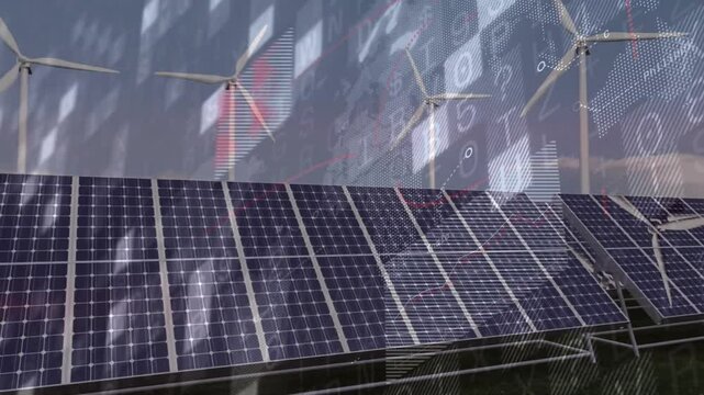Solar panels and wind turbines with data processing animation overlay