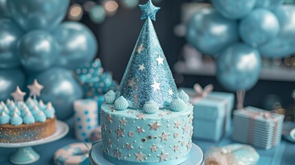 Festive Blue Birthday Cake with Party Hat of excellence in splendor beyond compare with grace