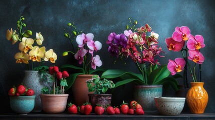 Vibrant yellow, pink, purple, and fuchsia orchid plants in various ceramic pots with fresh red strawberries on a dark textured background