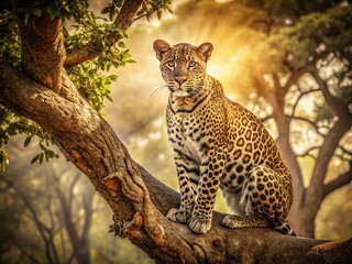 Obraz premium Majestic Leopard Resting in African Savannah Tree A Timeless Vintage Photograph Capturing the Untamed Beauty of the