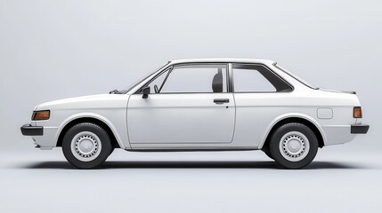 White Classic Vintage Coupe Car, Side Profile of Retro Hatchback Automobile