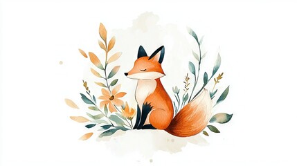 Obraz premium Watercolor painting of a red fox in a leaf-strewn field against a white canvas