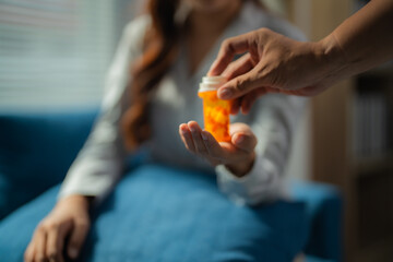 Doctor pouring medication from a prescription bottle into a patient's hand, highlighting the essential aspects of healthcare and the compassionate connection between provider and patient