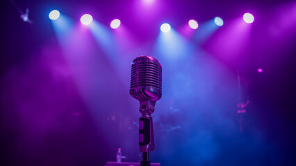 Obraz premium Vintage Microphone on Stage with Colorful Lights and Fog Creating an Atmosphere for Live Music Performance and Entertainment Events