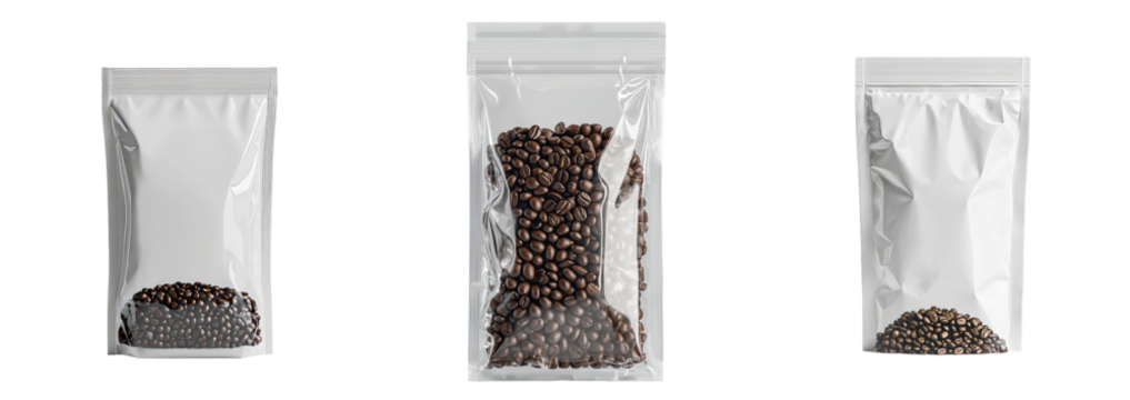 Minimalist mockups of isolated coffee bean packaging showcasing various bag sizes and designs