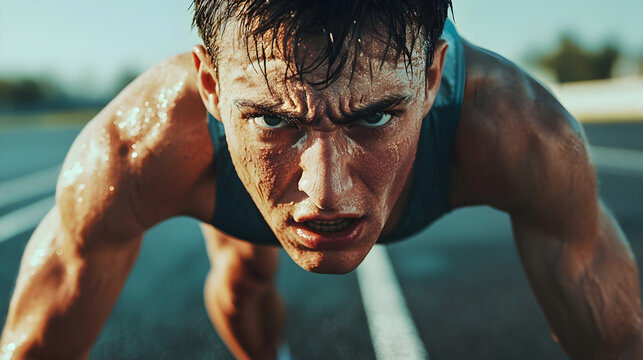 marathon runner pushing through the final stretch of a race with sweat on their face 