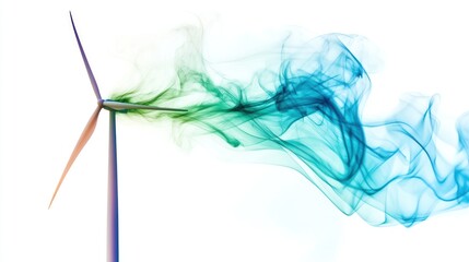 Obraz premium Wind turbines, blue and green colorful smoke on a white background.