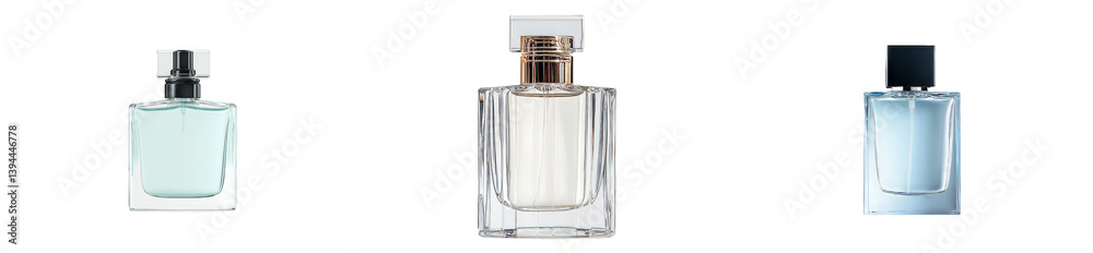 Poster minimalist mockups of three elegant perfume bottles presented on a white background showcasing uniqu