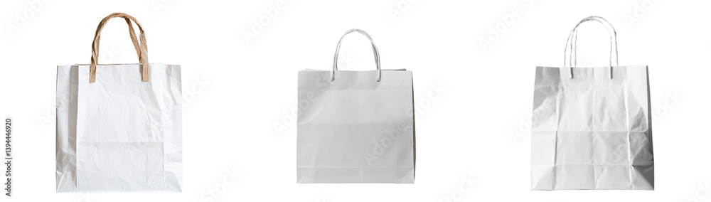 Poster minimalist mockups featuring various styles of white paper shopping bags arranged in an isolated set
