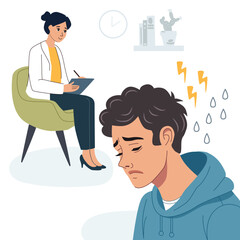 Depressed man in psychotherapy session with woman, struggling with anxiety and stress, providing mental health support to patient, illustration for medical article