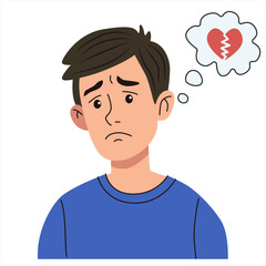 Heartbroken man thinking about broken love. Sad lover with breakup concept. Illustration for social media, dating and valentine's day, symbolism of loneliness