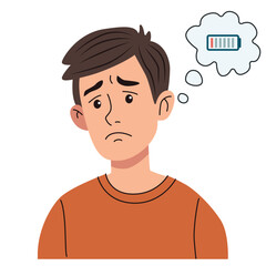 Exhausted person with low energy thinking about battery level, feeling burnout, lack of strength, needs rest, poster to maintain mental health and motivation