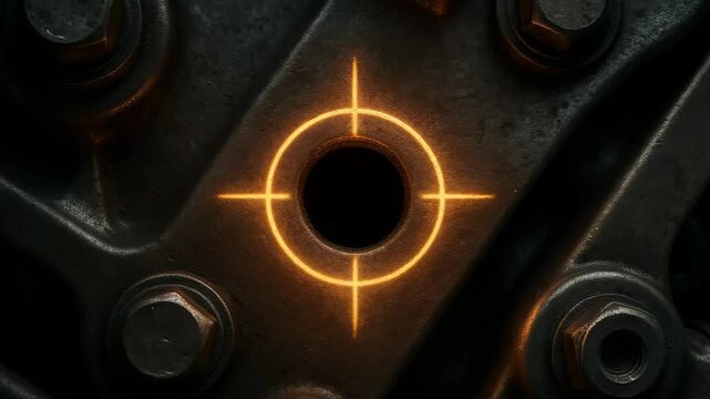 Close up of metallic surface with circular target design, highlighting intricate details of machinery and engineering for repair and rework.